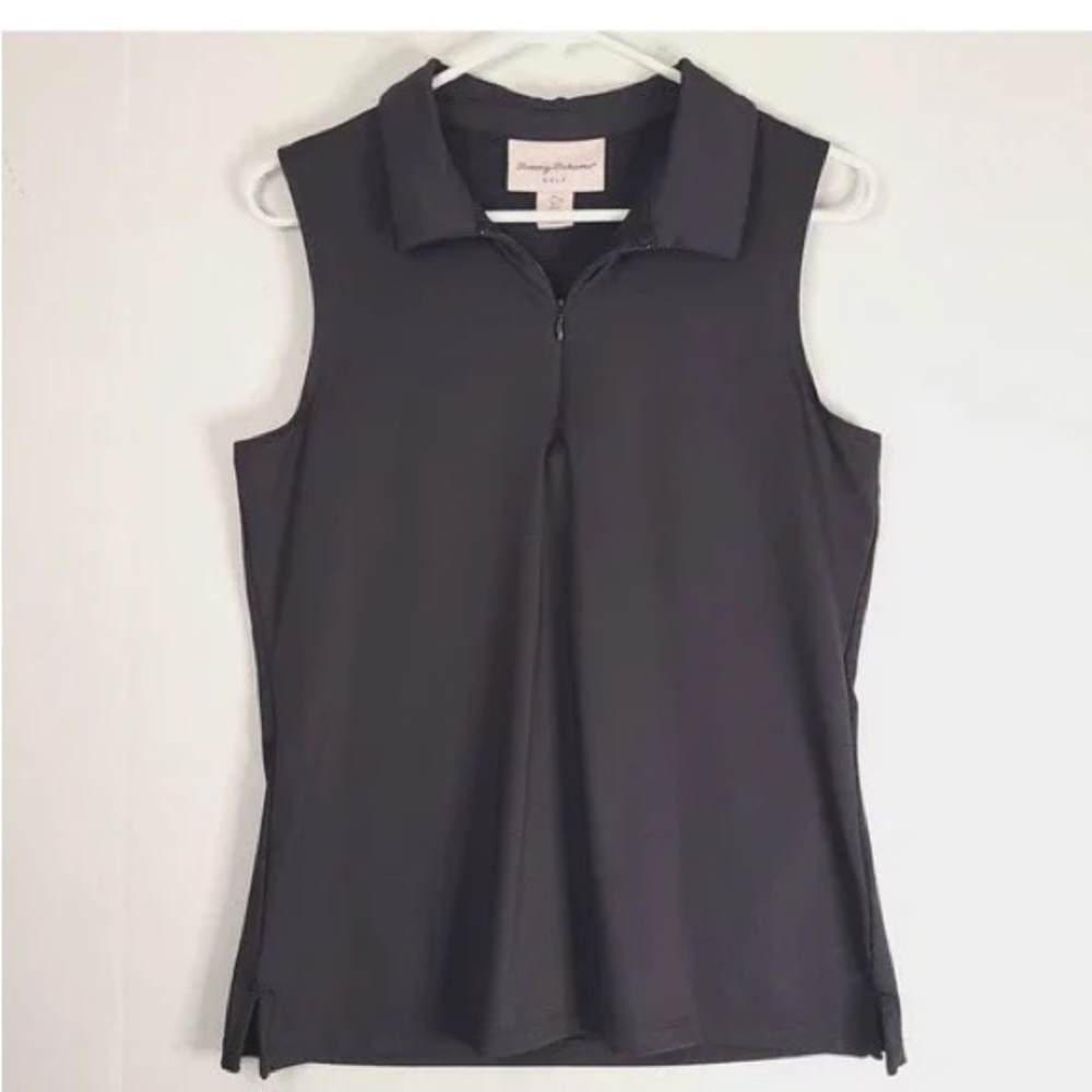 Tommy Bahama Island Zone Woman's Golf Sleeveless Zip Polo in black.